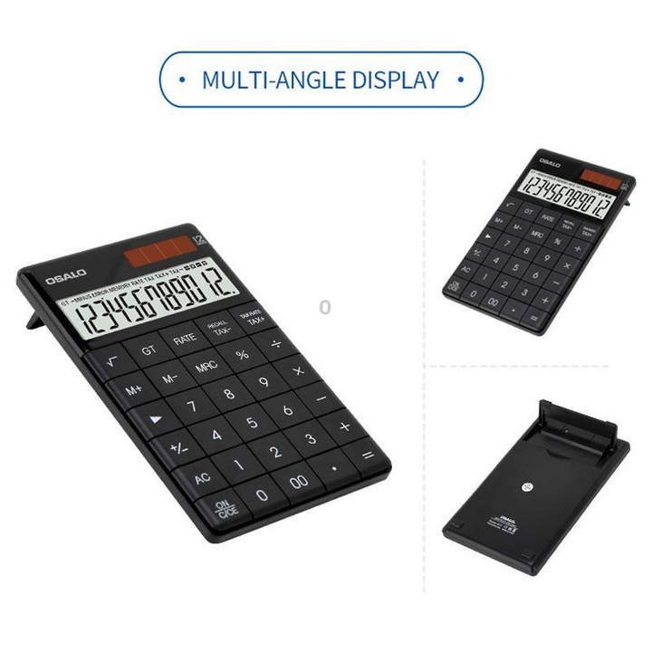 OSALO A-1T Tax Calculator with 12-Digit Display, Flip-Up Stand & Solar/ Button Battery Dual Power