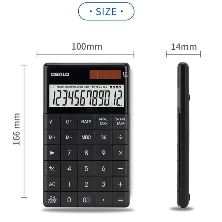 OSALO A-1T Tax Calculator with 12-Digit Display, Flip-Up Stand & Solar/ Button Battery Dual Power