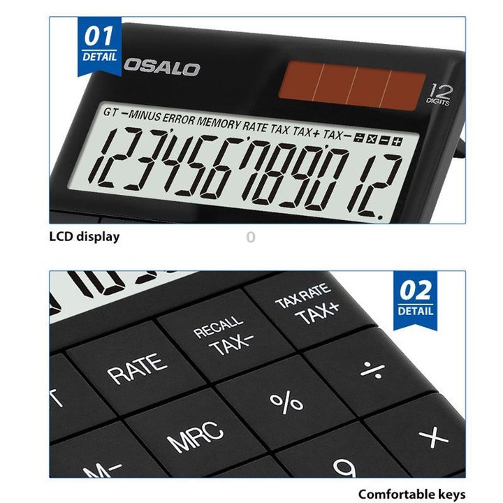OSALO A-1T Tax Calculator with 12-Digit Display, Flip-Up Stand & Solar/ Button Battery Dual Power