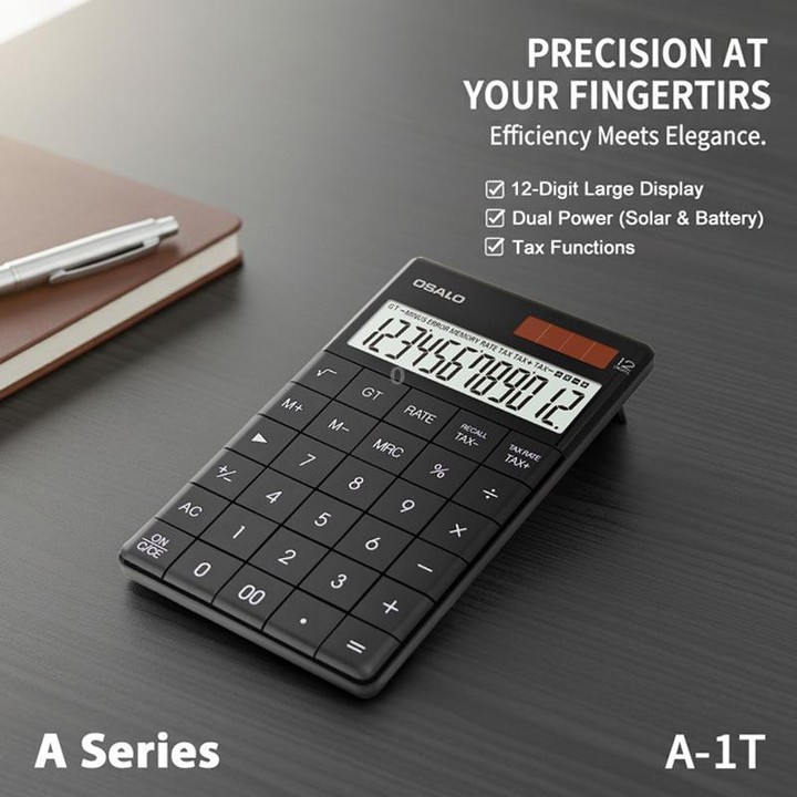 OSALO A-1T Tax Calculator with 12-Digit Display, Flip-Up Stand & Solar/ Button Battery Dual Power