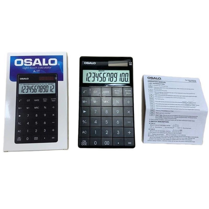 OSALO A-1T Tax Calculator with 12-Digit Display, Flip-Up Stand & Solar/ Button Battery Dual Power