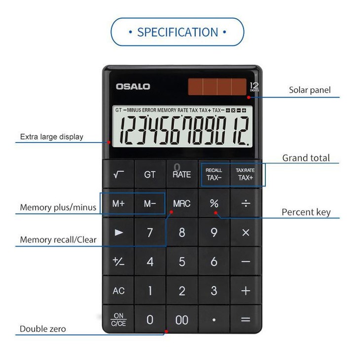OSALO A-1T Tax Calculator with 12-Digit Display, Flip-Up Stand & Solar/ Button Battery Dual Power