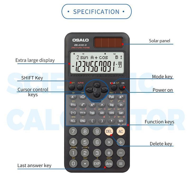 OSALO OS-82ES PLUS II 240-Function Scientific Calculator Solar Powered with 10+2 Digit Display(Black)