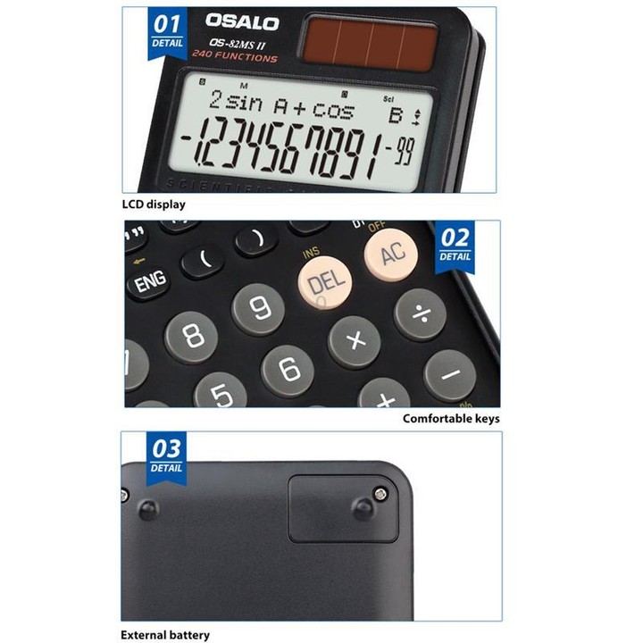 OSALO OS-82ES PLUS II 240-Function Scientific Calculator Solar Powered with 10+2 Digit Display(Black)