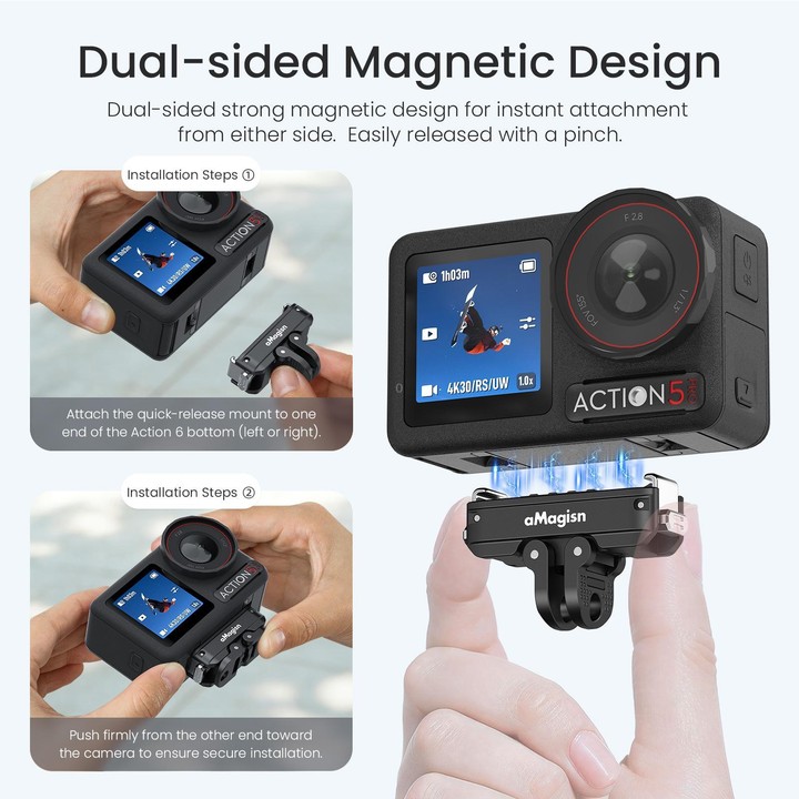 aMagisn Metal Magnetic Quick Release Mount 2.0 Lockable Adapter for DJI Osmo 360/ Action 5 Pro/4/3(Black)