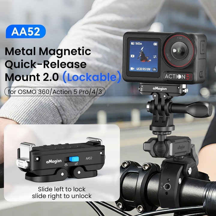 aMagisn Metal Magnetic Quick Release Mount 2.0 Lockable Adapter for DJI Osmo 360/ Action 5 Pro/4/3(Black)