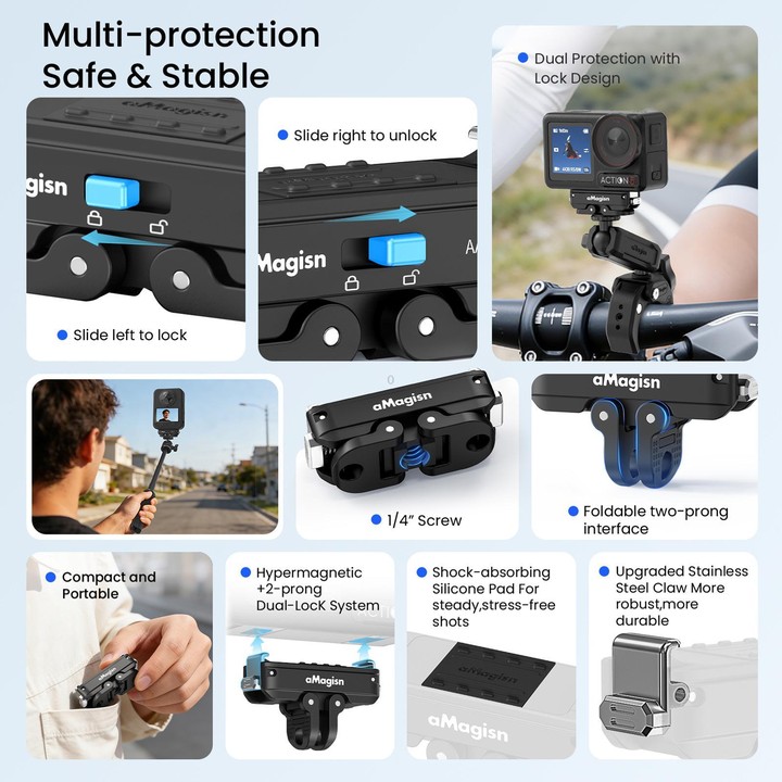 aMagisn Metal Magnetic Quick Release Mount 2.0 Lockable Adapter for DJI Osmo 360/ Action 5 Pro/4/3(Black)