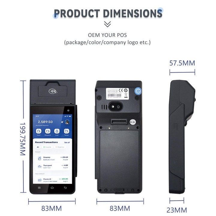 Z90F Supermarket Mobile Bill Payment POS Machine, Handheld Cash Register With Credit Card NFC Function EU Plug