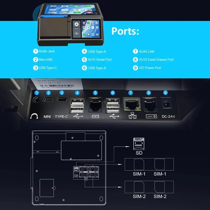 Z100 Dual-Screen Smart Cash Register With Printing All-In-One Machine, Android POS Terminal For Hotel, Restaurant, Supermarket E