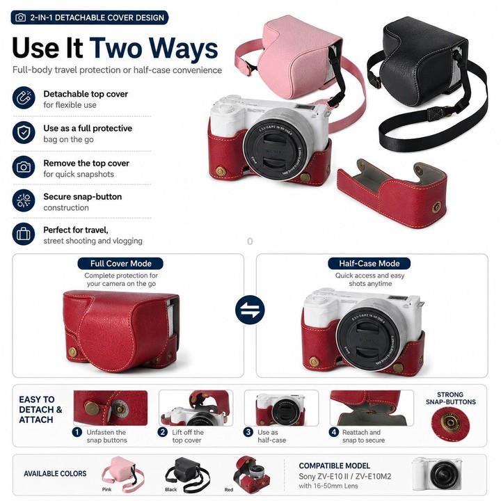 For Sony ZV-E10 II / ZV-E10M2 PU Leather Camera Case Bag Protective Half Body Cover With Shoulder Strap(Pink)