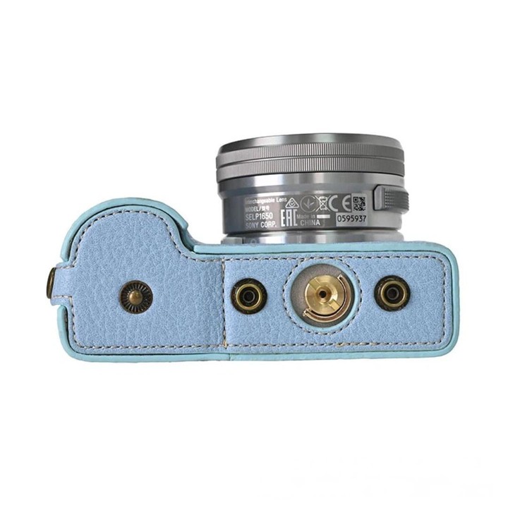 For Sony ZV-E10 Vintage PU Leather Camera Case Bag Retro Lychee Pattern Protective Cover with Shoulder Strap(Light Blue)