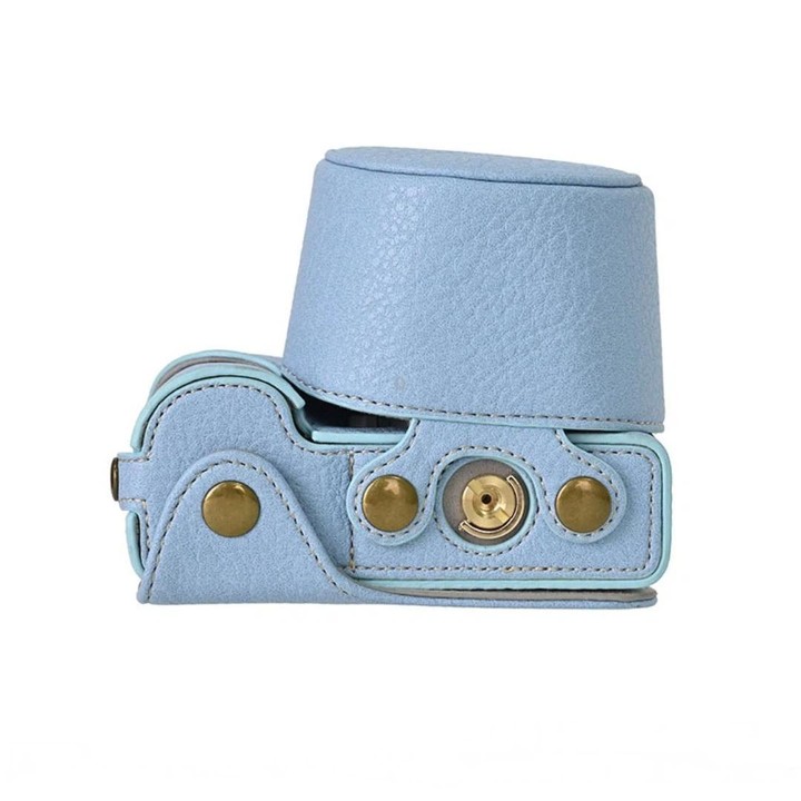 For Sony ZV-E10 Vintage PU Leather Camera Case Bag Retro Lychee Pattern Protective Cover with Shoulder Strap(Light Blue)
