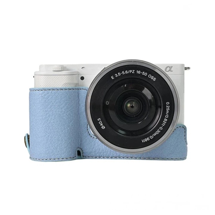 For Sony ZV-E10 Vintage PU Leather Camera Case Bag Retro Lychee Pattern Protective Cover with Shoulder Strap(Light Blue)