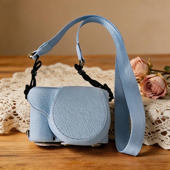 For Sony ZV-E10 Vintage PU Leather Camera Case Bag Retro Lychee Pattern Protective Cover with Shoulder Strap(Light Blue)