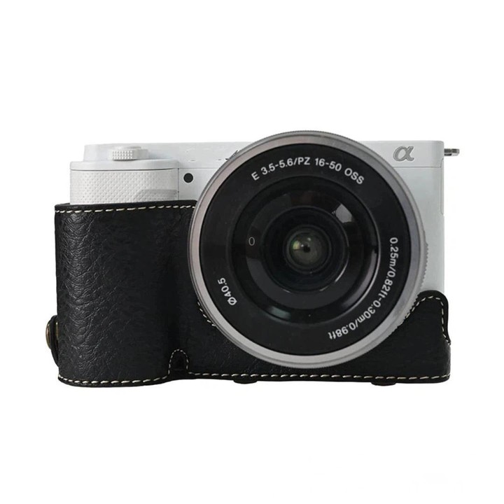 For Sony ZV-E10 Vintage PU Leather Camera Case Bag Retro Lychee Pattern Protective Cover with Shoulder Strap(Ink Green)