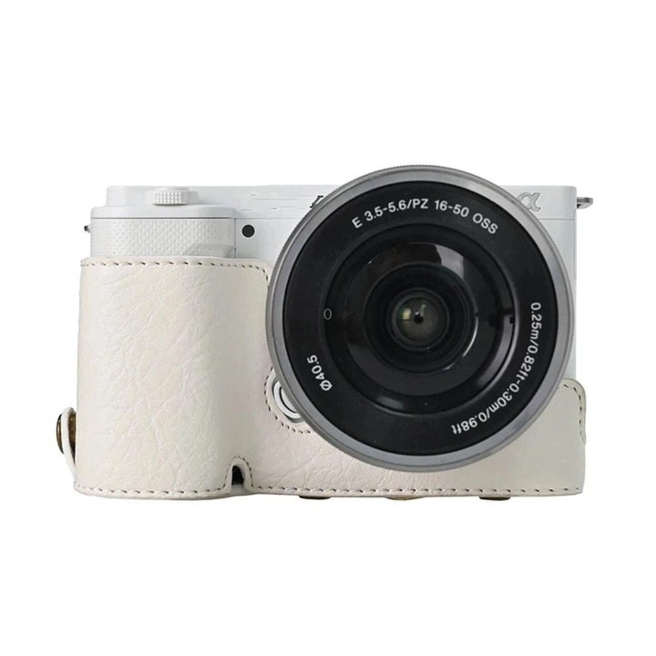 For Sony ZV-E10 Vintage PU Leather Camera Case Bag Retro Lychee Pattern Protective Cover with Shoulder Strap(White)