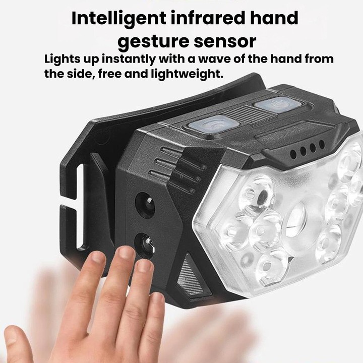 GY26 9LED Smart Motion-Sensor Headlamp, Outdoor COB Red Warning Waterproof Night Fishing Light, Style: Rechargeable