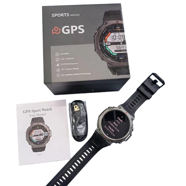 DM58 1.43 Inch AMOLED Screen GPS Smart Watch 5ATM Waterproof Sports Watch(Black Red)