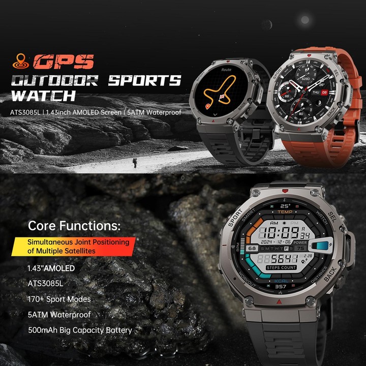 DM58 1.43 Inch AMOLED Screen GPS Smart Watch 5ATM Waterproof Sports Watch(Black Red)