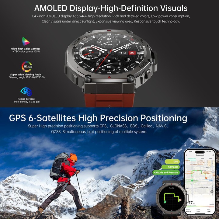 DM58 1.43 Inch AMOLED Screen GPS Smart Watch 5ATM Waterproof Sports Watch(Black Red)