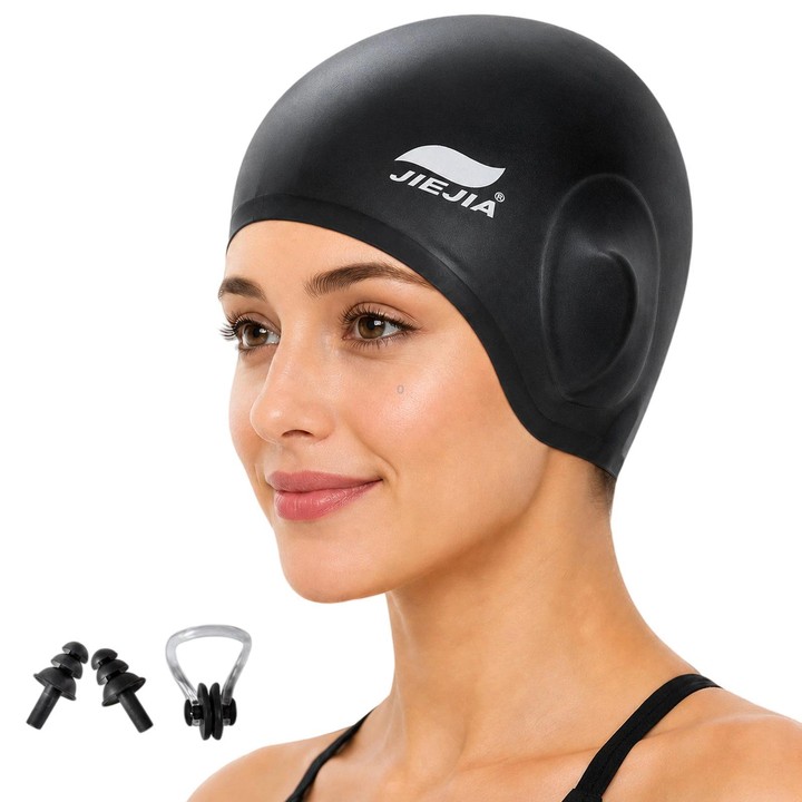 JIEJIA Swimming Silicone Ear-Protecting Swimming Cap With Earplugs And Nose Clip(Black)