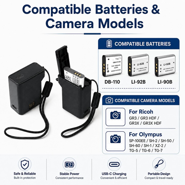 3-in-1 Battery Charger Case For Ricoh GR3 GR3X DB-110 & Olympus LI-92B(Black)