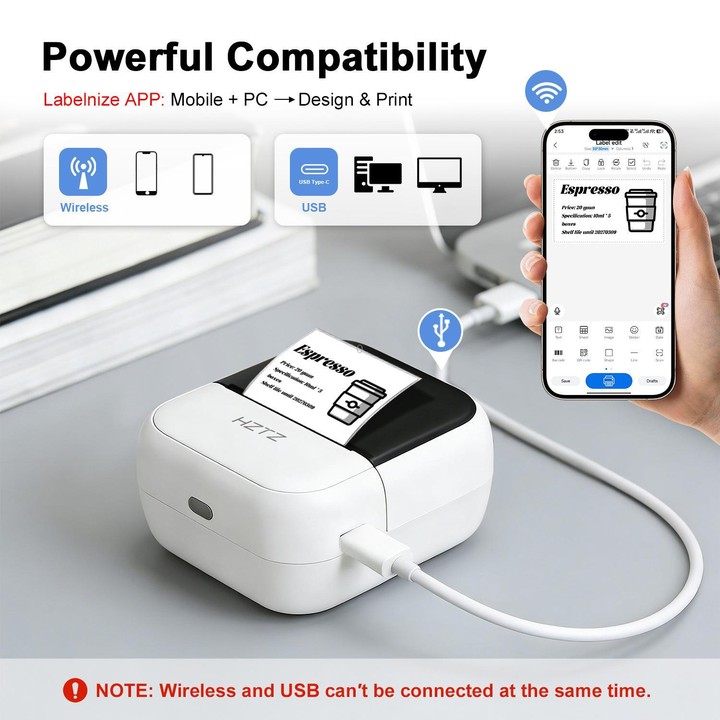 HZTZ C50 Portable Label Printer & Mini Tattoo Stencil Machine 2 Inch Inkless Thermal Label Maker(White)