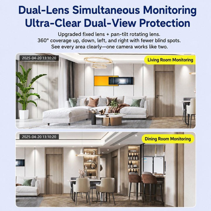 Dual Lens Security Camera Wireless WiFi Surveillance Camera With Auto Tracking & Color Night Vision & Two-Way Audio Supports One