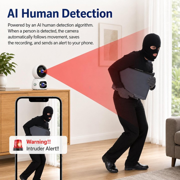 Dual Lens Security Camera Wireless WiFi Surveillance Camera With Auto Tracking & Color Night Vision & Two-Way Audio Supports One