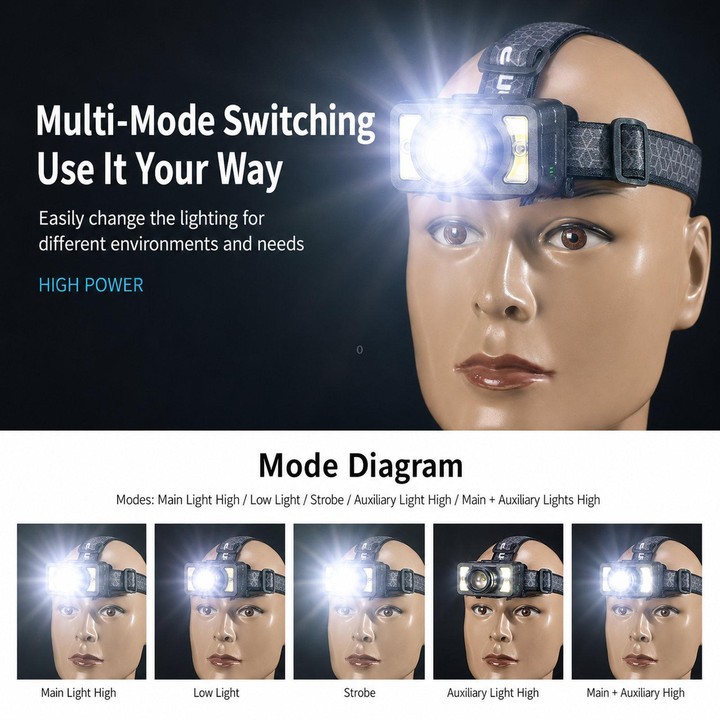 E-SMARTER LED Headlamp With Motion Sensor Zoomable Powerful Headlight USB Rechargeable Head Flashlight, Spec: Large P50 2000mAh
