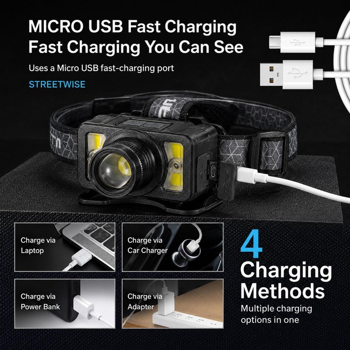 E-SMARTER LED Headlamp With Motion Sensor Zoomable Powerful Headlight USB Rechargeable Head Flashlight, Spec: Large P50 2000mAh