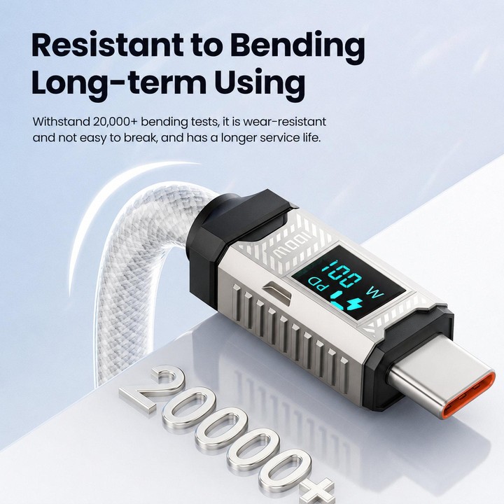 Toocki 100W USB-C / Type-C to USB-C/ Type-C Cable with LED Power Display, Length: 1m White