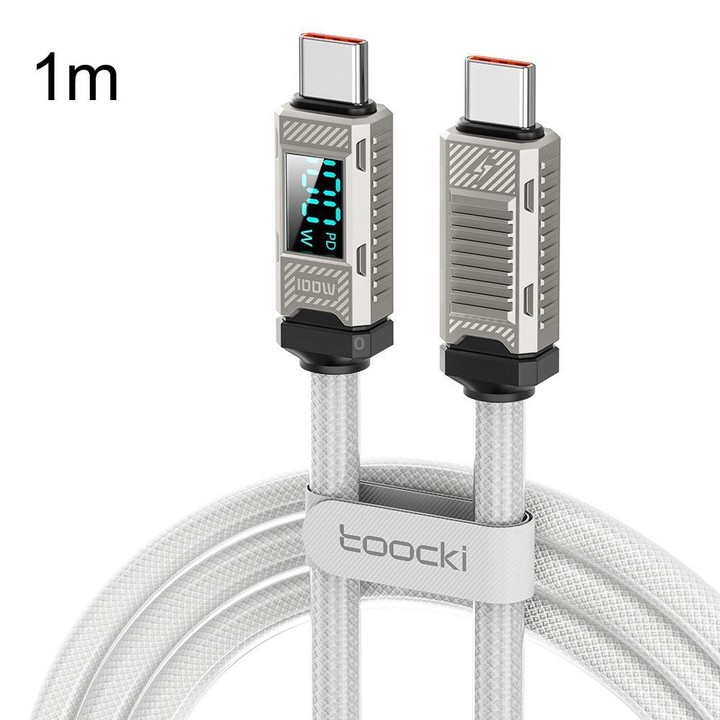Toocki 100W USB-C / Type-C to USB-C/ Type-C Cable with LED Power Display, Length: 1m White