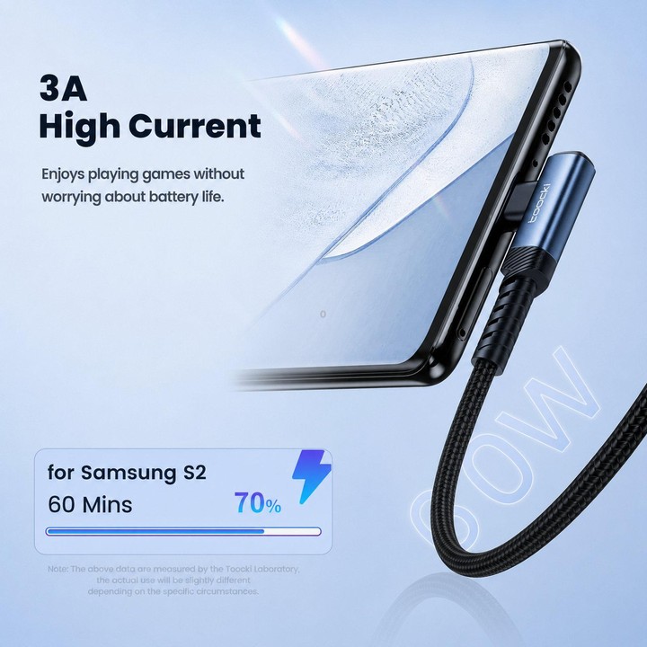Toocki 90 Degree USB-A To USB-C / Type-C 3A Cable Fast Charging Cord Nylon Braided Elbow Charger, Length: 0.5m