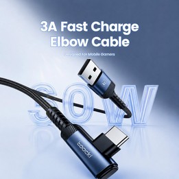 Toocki 90 Degree USB-A To USB-C / Type-C 3A Cable Fast Charging Cord Nylon Braided Elbow Charger, Length: 0.5m