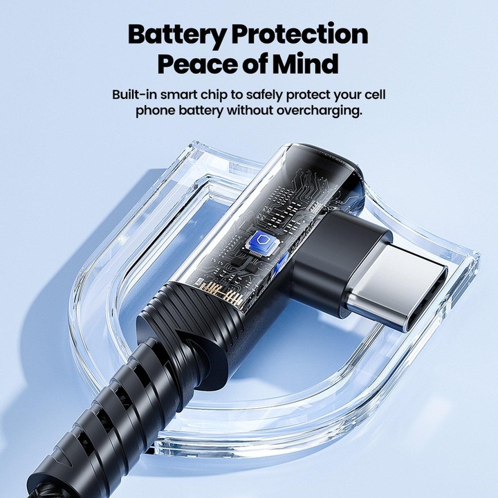 Toocki 90 Degree USB-A To USB-C / Type-C 3A Cable Fast Charging Cord Nylon Braided Elbow Charger, Length: 2m
