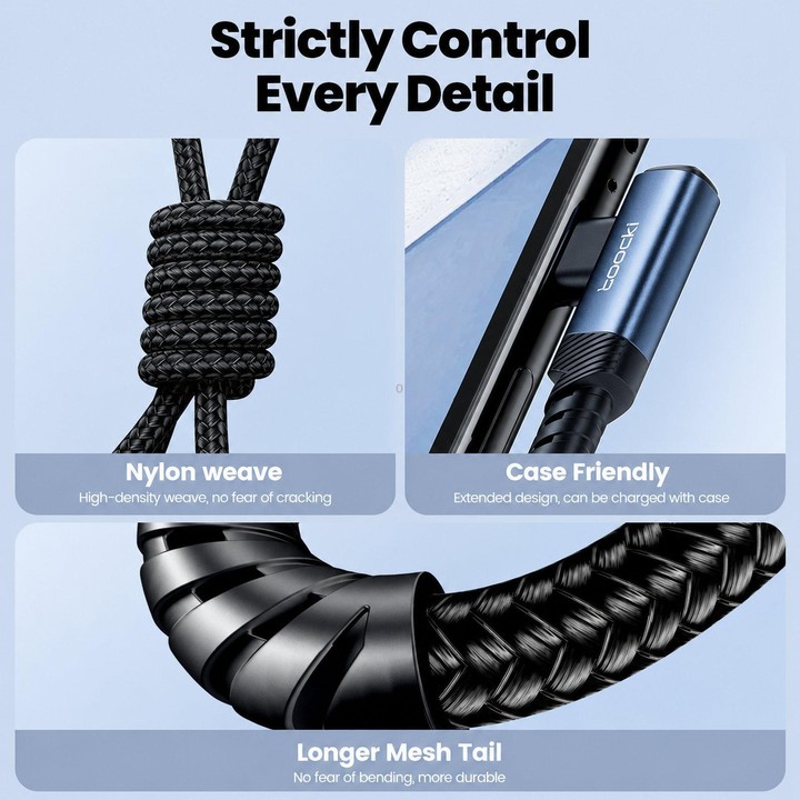 Toocki 90 Degree USB-A To USB-C / Type-C 3A Cable Fast Charging Cord Nylon Braided Elbow Charger, Length: 2m