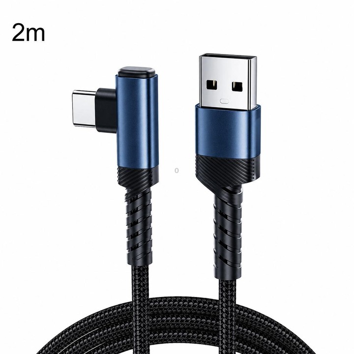 Toocki 90 Degree USB-A To USB-C / Type-C 3A Cable Fast Charging Cord Nylon Braided Elbow Charger, Length: 2m