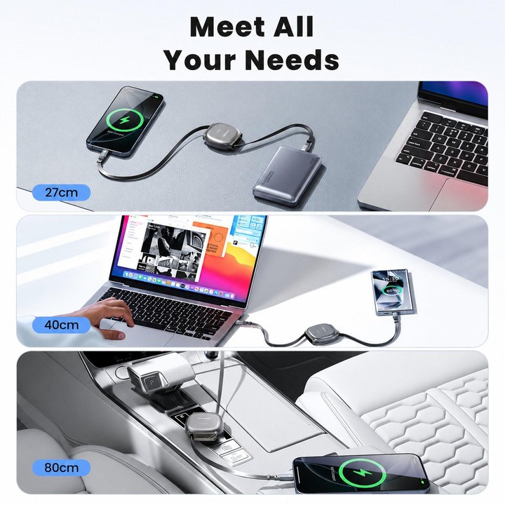 Toocki 100W USB-C/Type-C to USB-C/Type-C Retractable Cable Flat Multi-Length Charging Cord, Cable Length 1m