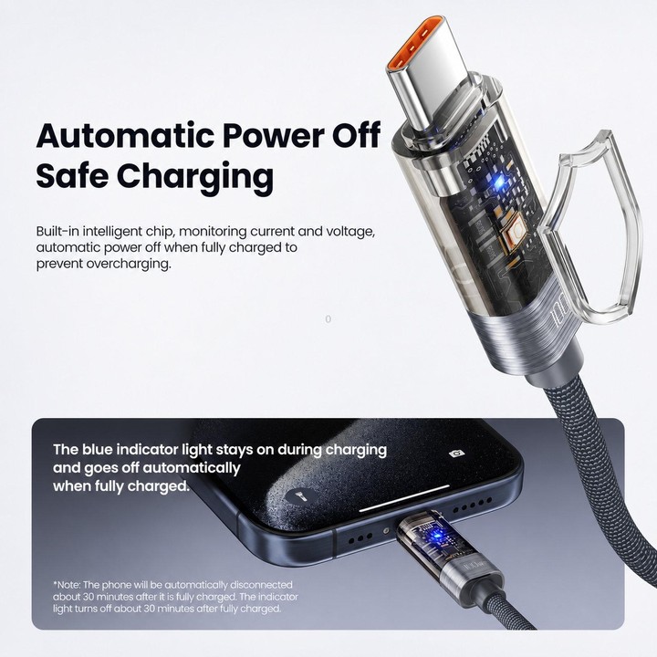Toocki 100W USB-C / Type-C to USB-C / Type-C Cable Smart Power Off Auto Disconnect Transparent Charging Cord, Length: 1m(Grey)