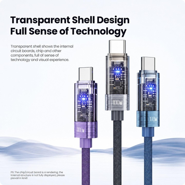 Toocki 100W USB-C / Type-C to USB-C / Type-C Cable Smart Power Off Auto Disconnect Transparent Charging Cord, Length: 1m(Blue)