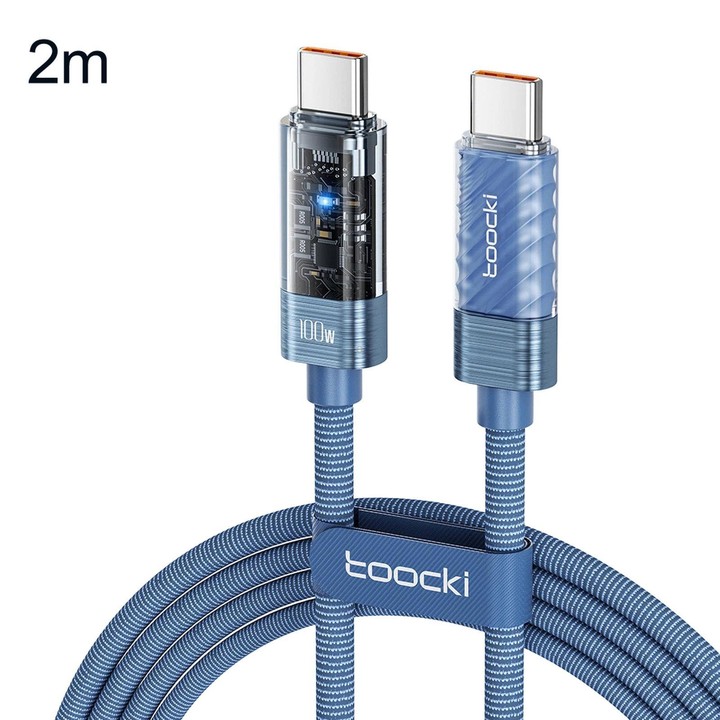 Toocki 100W USB-C / Type-C to USB-C / Type-C Cable Smart Power Off Auto Disconnect Transparent Charging Cord, Length: 2m(Blue)