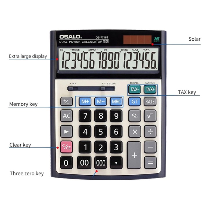 OSALO OS-7716T 16-Digit Display Solar Dual Power Calculator Desktop Calculator For Finance & Office Use