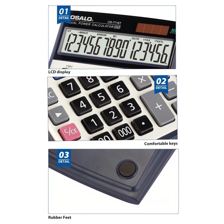 OSALO OS-7716T 16-Digit Display Solar Dual Power Calculator Desktop Calculator For Finance & Office Use
