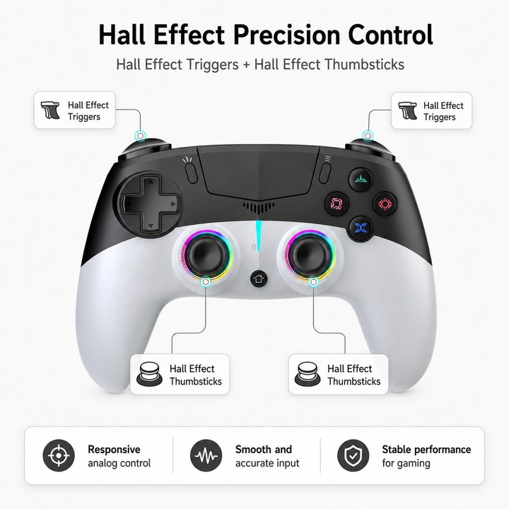 For PS5 Wireless Controller Hall Effect Joysticks & Triggers RGB Light Macro Back Keys(Black White)