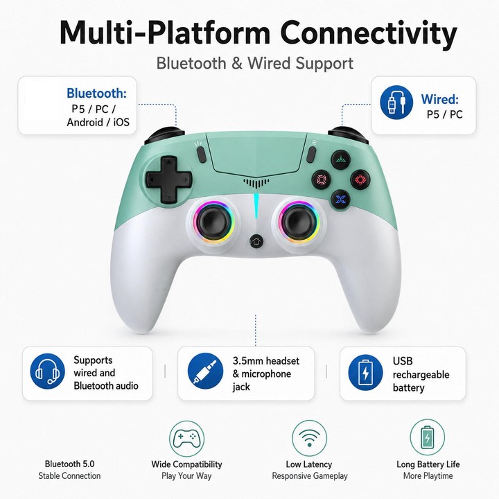 For PS5 Wireless Controller Hall Effect Joysticks & Triggers RGB Light Macro Back Keys(White Red)