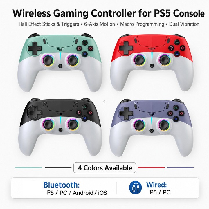 For PS5 Wireless Controller Hall Effect Joysticks & Triggers RGB Light Macro Back Keys(White Red)