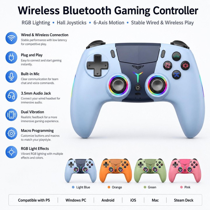 For PS5 Wireless Controller Bluetooth Gamepad With RGB Light, Hall Effect Joy, Back Macro Button(Orange)