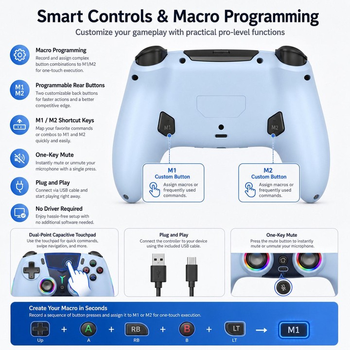 For PS5 Wireless Controller Bluetooth Gamepad With RGB Light, Hall Effect Joy, Back Macro Button(Green)