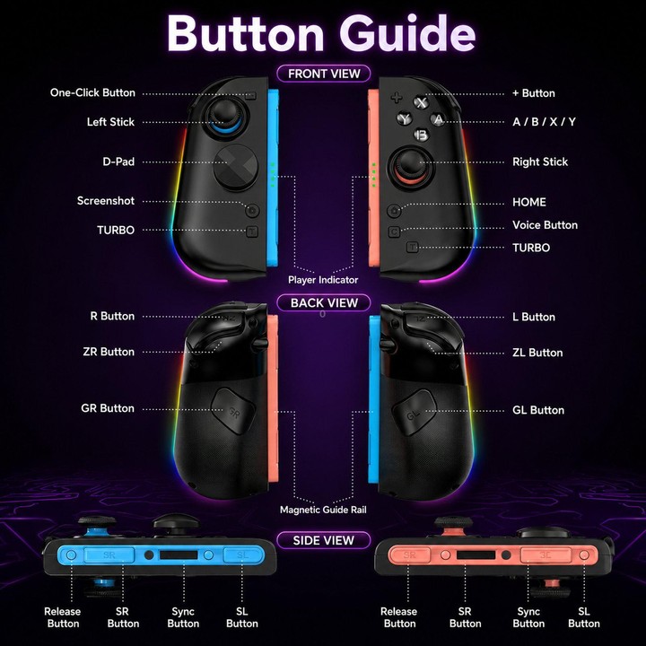 For Nintendo Switch 2 Left + Right Magnetic Controllers 9-Axis RGB Motion-Sensing Hall-Effect Joystick With Bluetooth 5.4 Wake-U